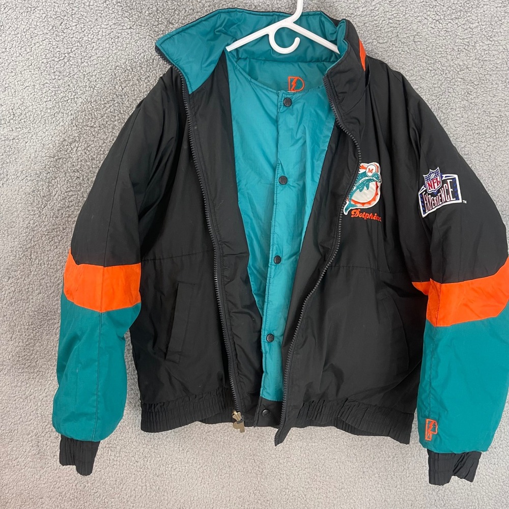 Vtg 1990's Pro Player Mens Large Miami Dolphins NFL Black Teal Reversible Jacket
